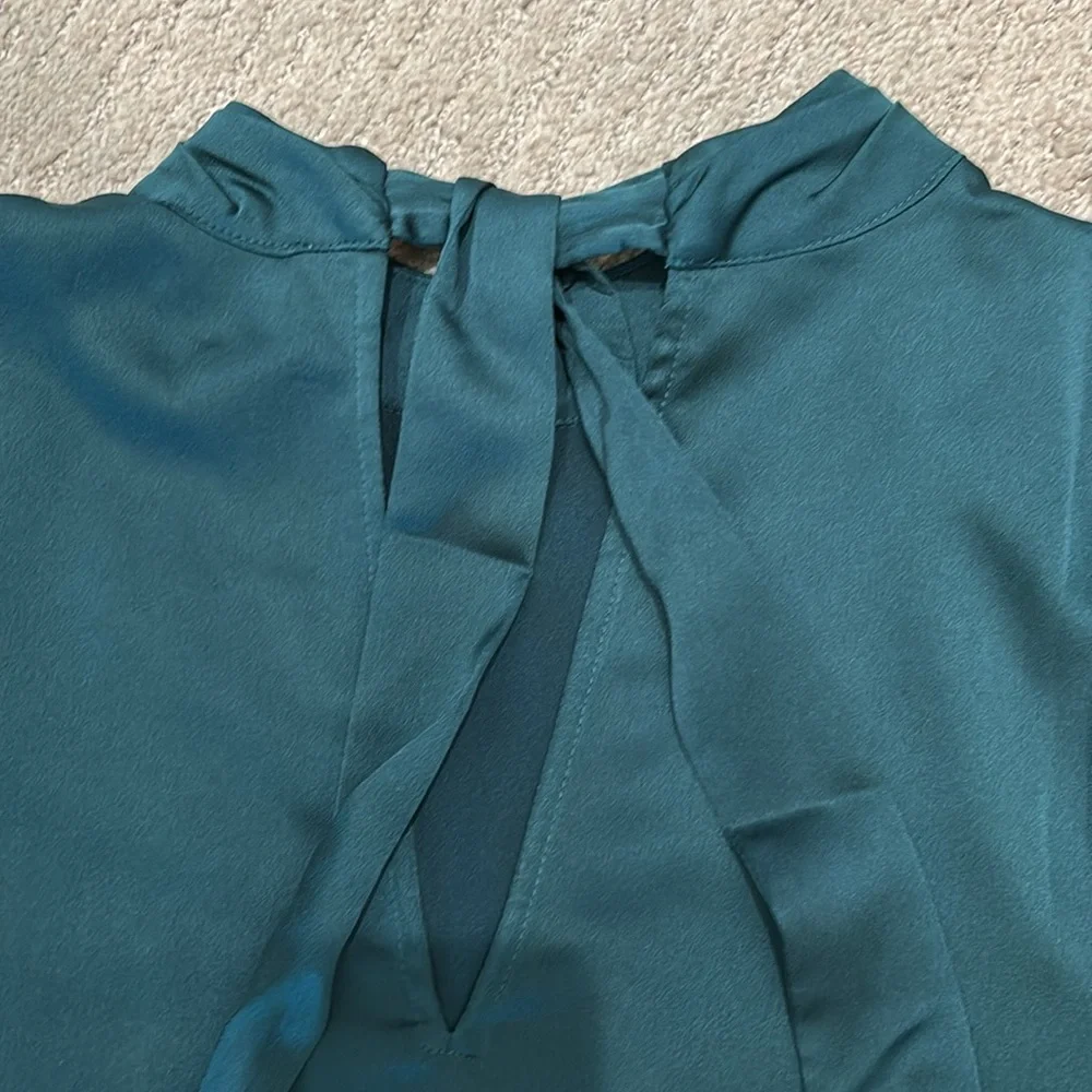LOFT Green Satin Long-Sleeve Blouse